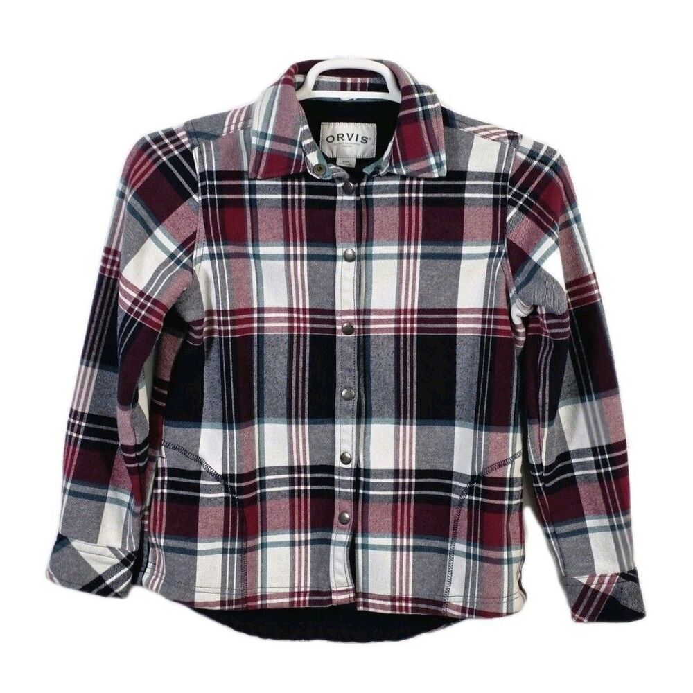 Orvis‎ Women's Small Red Navy White Plaid Flannel Snap Button Shirt Jacket